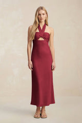 Halter Keyhole Sheath Midi Bridesmaid Dress in Burgundy - KissProm Bridesmaid Dresses