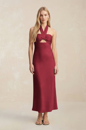 Halter Keyhole Sheath Midi Bridesmaid Dress in Burgundy - KissProm Bridesmaid Dresses
