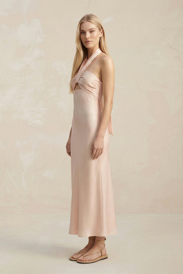 Halter Keyhole Sheath Midi Bridesmaid Dress in Buttercream - KissProm Bridesmaid Dresses