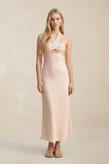 Halter Keyhole Sheath Midi Bridesmaid Dress in Buttercream - KissProm Bridesmaid Dresses
