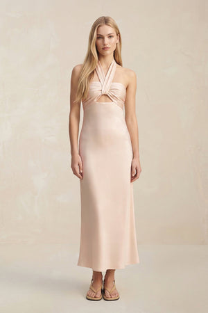 Halter Keyhole Sheath Midi Bridesmaid Dress in Buttercream - KissProm Bridesmaid Dresses