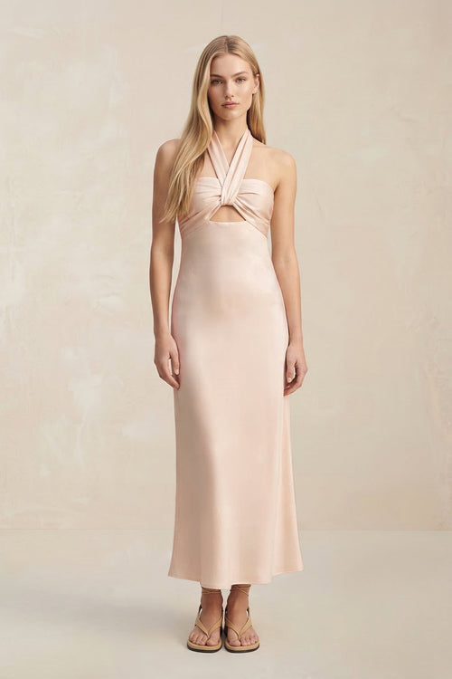 Halter Keyhole Sheath Midi Bridesmaid Dress in Buttercream - KissProm Bridesmaid Dresses