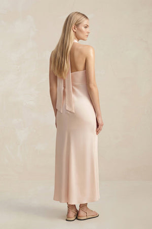 Halter Keyhole Sheath Midi Bridesmaid Dress in Buttercream - KissProm Bridesmaid Dresses