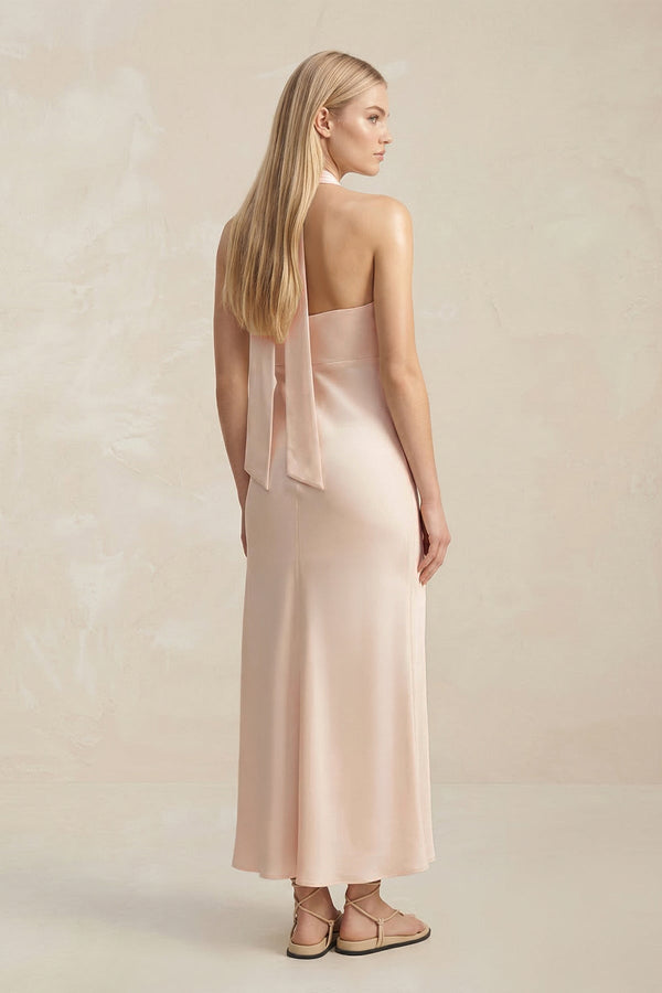 Halter Keyhole Sheath Midi Bridesmaid Dress in Buttercream - KissProm Bridesmaid Dresses