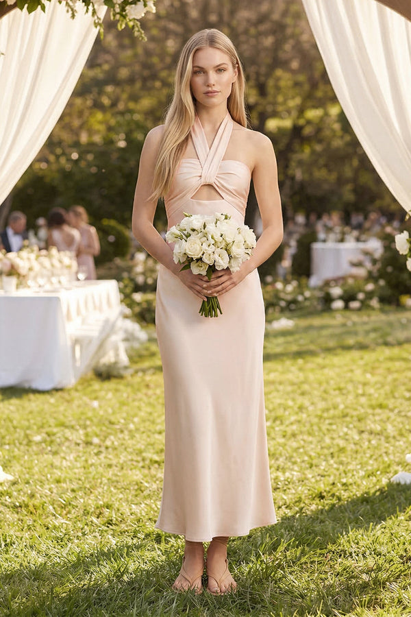 Halter Keyhole Sheath Midi Bridesmaid Dress in Buttercream, Buttercream / 18