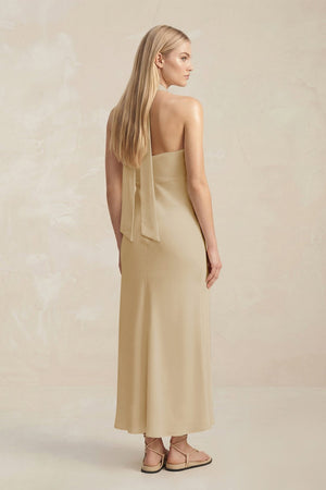 Halter Keyhole Sheath Midi Bridesmaid Dress in Champagne - KissProm Bridesmaid Dresses
