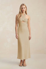 Halter Keyhole Sheath Midi Bridesmaid Dress in Champagne - KissProm Bridesmaid Dresses