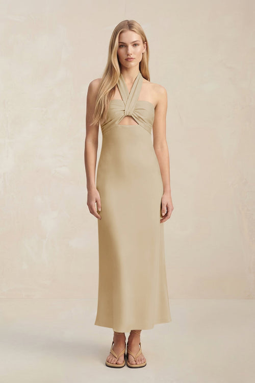 Halter Keyhole Sheath Midi Bridesmaid Dress in Champagne - KissProm Bridesmaid Dresses
