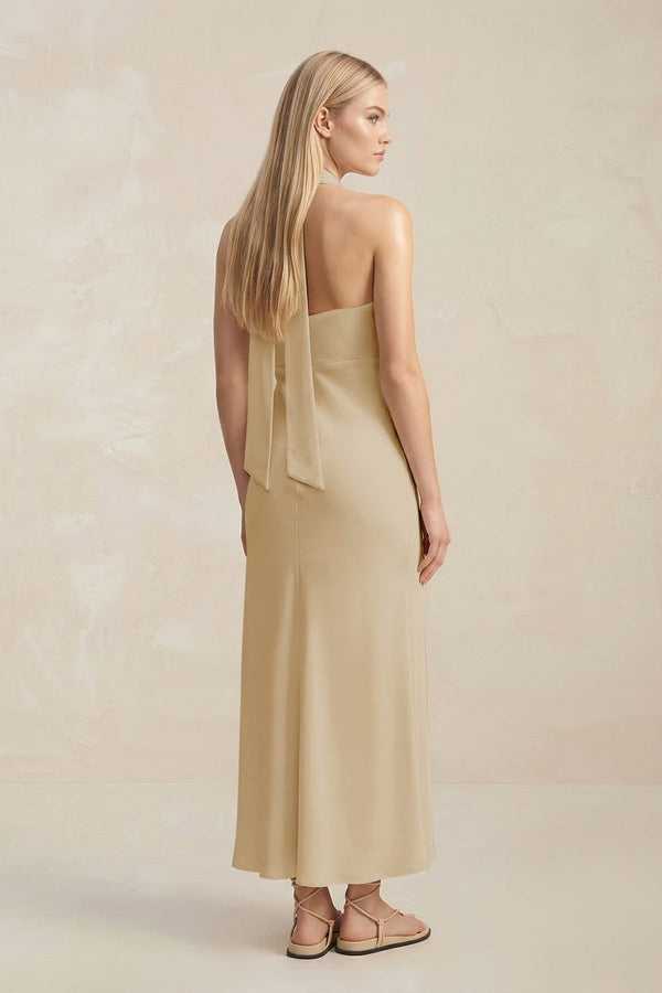 Halter Keyhole Sheath Midi Bridesmaid Dress in Champagne - KissProm Bridesmaid Dresses
