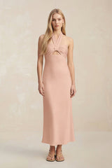 Halter Keyhole Sheath Midi Bridesmaid Dress in Champagne Rose - KissProm Bridesmaid Dresses