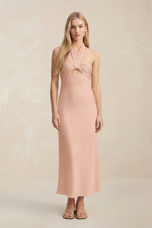 Halter Keyhole Sheath Midi Bridesmaid Dress in Champagne Rose - KissProm Bridesmaid Dresses