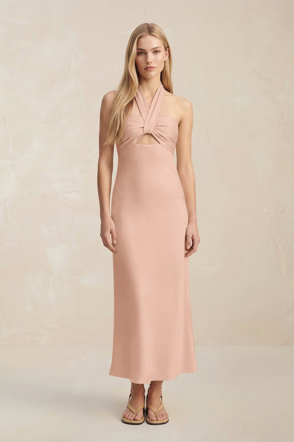 Halter Keyhole Sheath Midi Bridesmaid Dress in Champagne Rose - KissProm Bridesmaid Dresses
