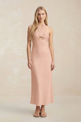 Halter Keyhole Sheath Midi Bridesmaid Dress in Champagne Rose - KissProm Bridesmaid Dresses