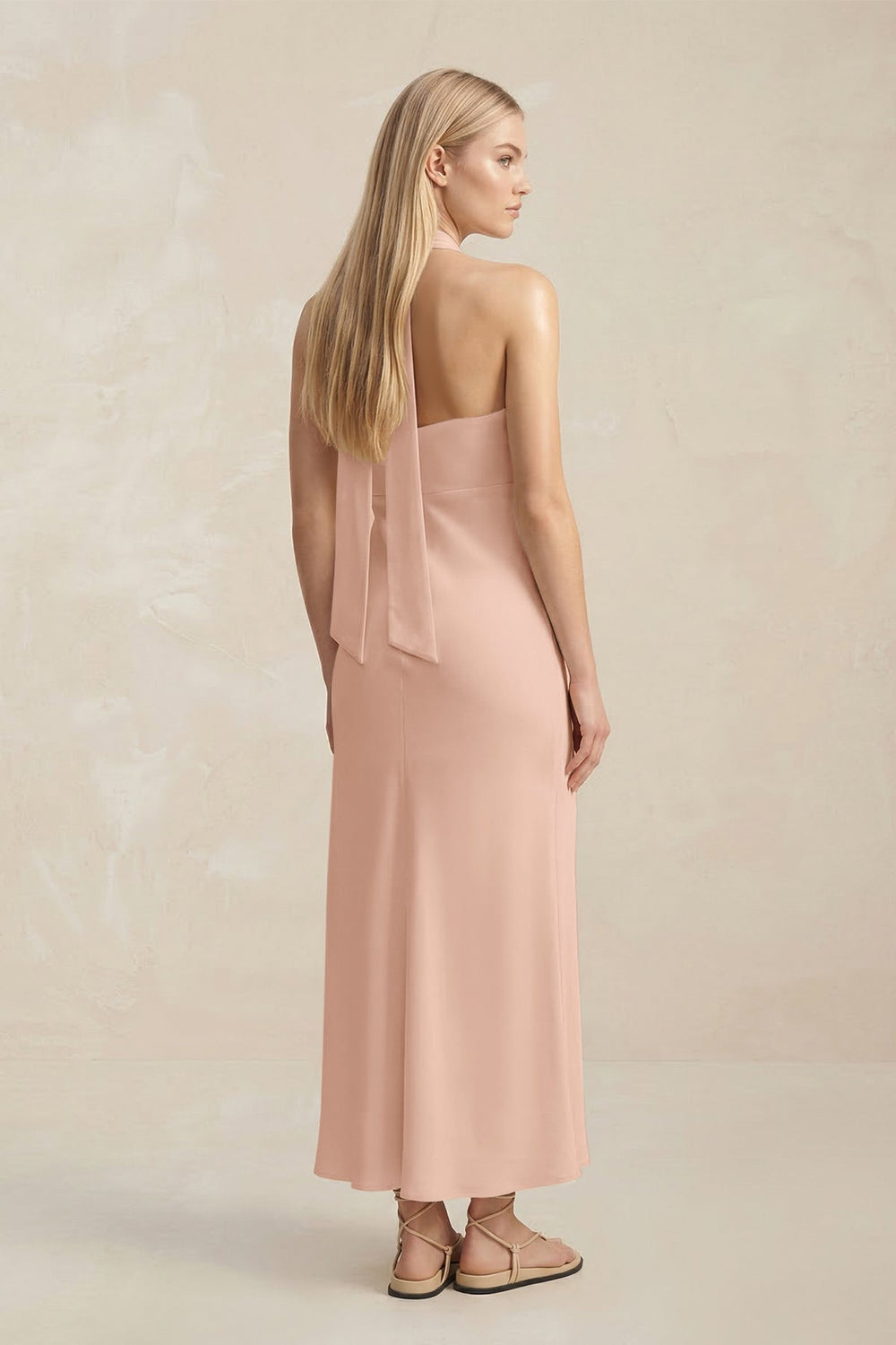Halter Keyhole Sheath Midi Bridesmaid Dress in Champagne Rose - KissProm Bridesmaid Dresses