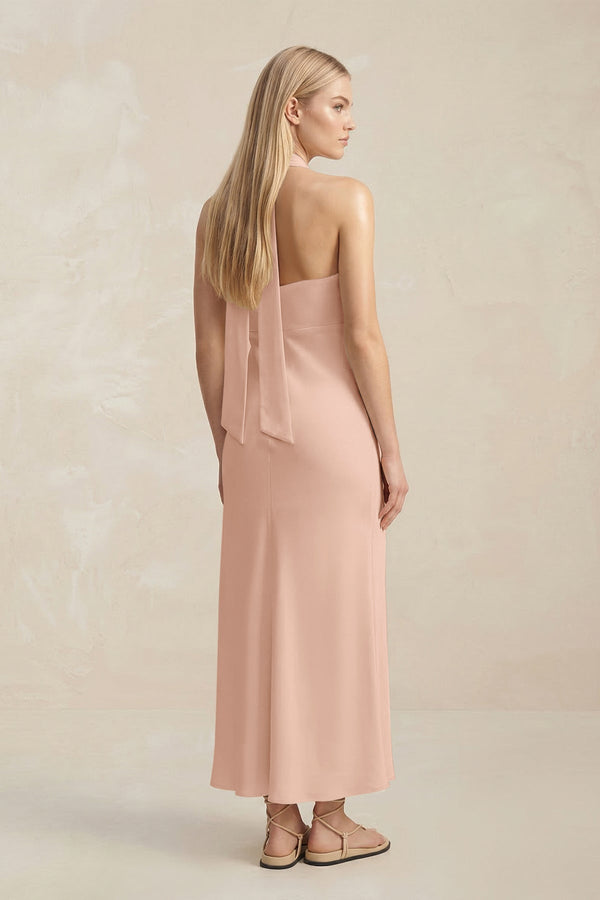 Halter Keyhole Sheath Midi Bridesmaid Dress in Champagne Rose - KissProm Bridesmaid Dresses
