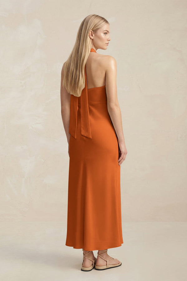 Halter Keyhole Sheath Midi Bridesmaid Dress in Cinnamon - KissProm Bridesmaid Dresses
