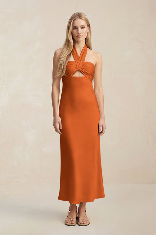 Halter Keyhole Sheath Midi Bridesmaid Dress in Cinnamon - KissProm Bridesmaid Dresses