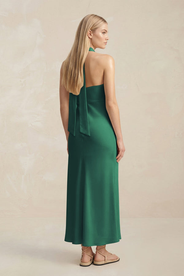 Halter Keyhole Sheath Midi Bridesmaid Dress in Dark Green - KissProm Bridesmaid Dresses
