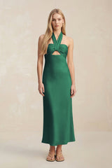 Halter Keyhole Sheath Midi Bridesmaid Dress in Dark Green - KissProm Bridesmaid Dresses