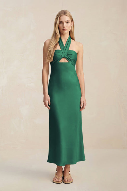Halter Keyhole Sheath Midi Bridesmaid Dress in Dark Green - KissProm Bridesmaid Dresses