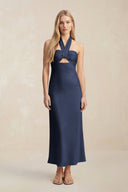 Halter Keyhole Sheath Midi Bridesmaid Dress in Dark Navy - KissProm Bridesmaid Dresses