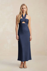 Halter Keyhole Sheath Midi Bridesmaid Dress in Dark Navy - KissProm Bridesmaid Dresses