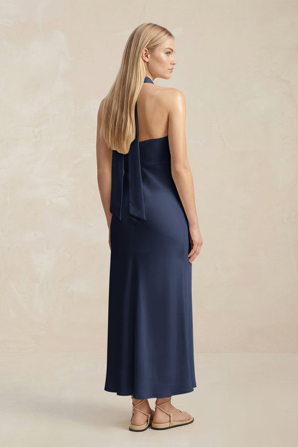 Halter Keyhole Sheath Midi Bridesmaid Dress in Dark Navy - KissProm Bridesmaid Dresses