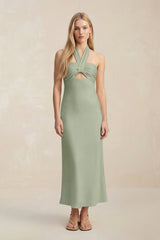 Halter Keyhole Sheath Midi Bridesmaid Dress in Dove Gray - KissProm Bridesmaid Dresses