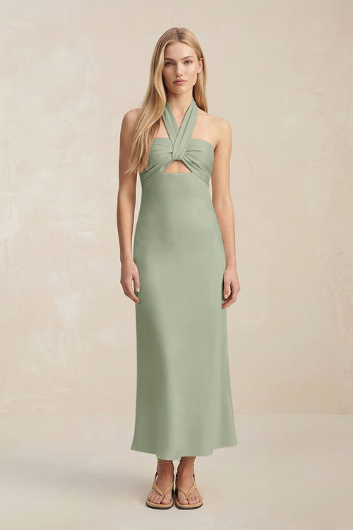 Halter Keyhole Sheath Midi Bridesmaid Dress in Dove Gray - KissProm Bridesmaid Dresses