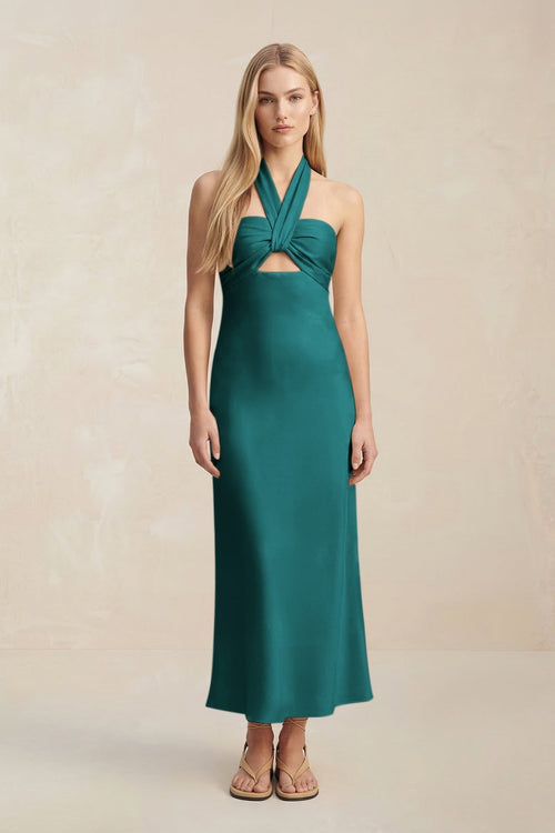 Halter Keyhole Sheath Midi Bridesmaid Dress in Emerald - KissProm Bridesmaid Dresses