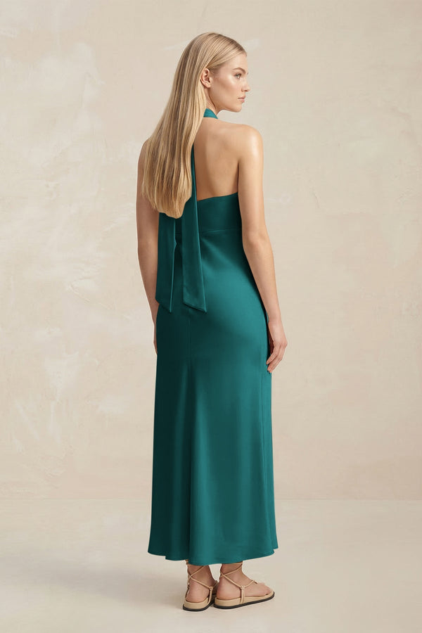 Halter Keyhole Sheath Midi Bridesmaid Dress in Emerald - KissProm Bridesmaid Dresses