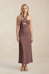 Halter Keyhole Sheath Midi Bridesmaid Dress in Espresso - KissProm Bridesmaid Dresses