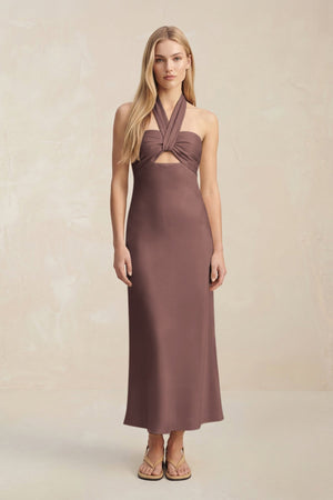 Halter Keyhole Sheath Midi Bridesmaid Dress in Espresso - KissProm Bridesmaid Dresses
