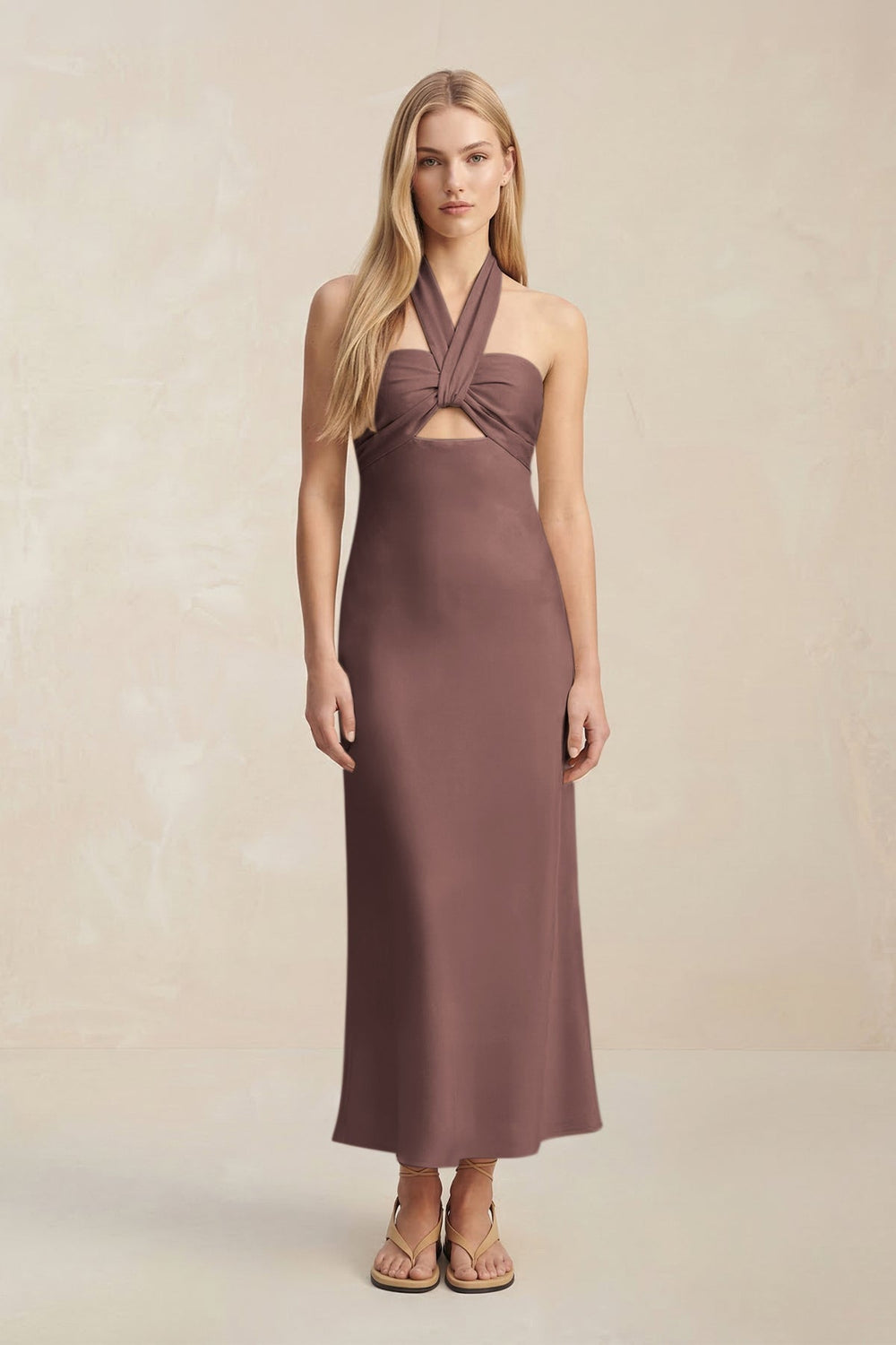 Halter Keyhole Sheath Midi Bridesmaid Dress in Espresso - KissProm Bridesmaid Dresses