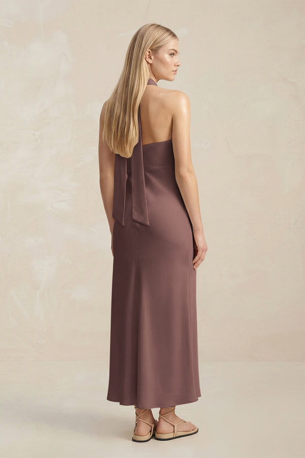 Halter Keyhole Sheath Midi Bridesmaid Dress in Espresso - KissProm Bridesmaid Dresses