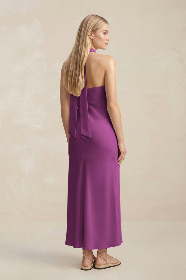 Halter Keyhole Sheath Midi Bridesmaid Dress in Fig - KissProm Bridesmaid Dresses