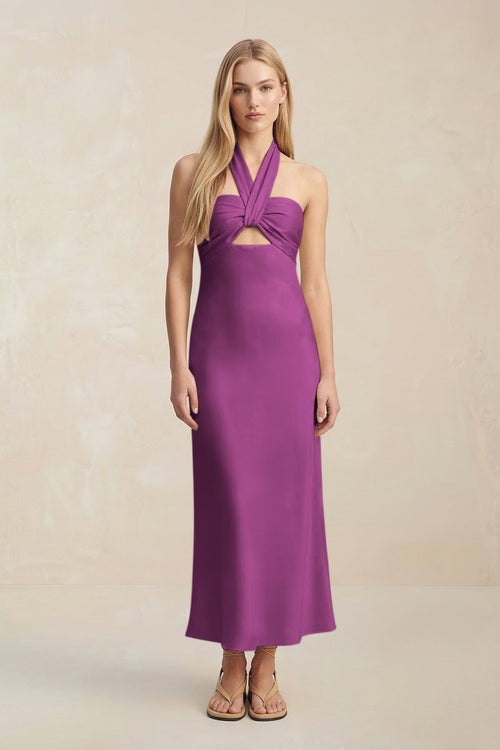 Halter Keyhole Sheath Midi Bridesmaid Dress in Fig - KissProm Bridesmaid Dresses