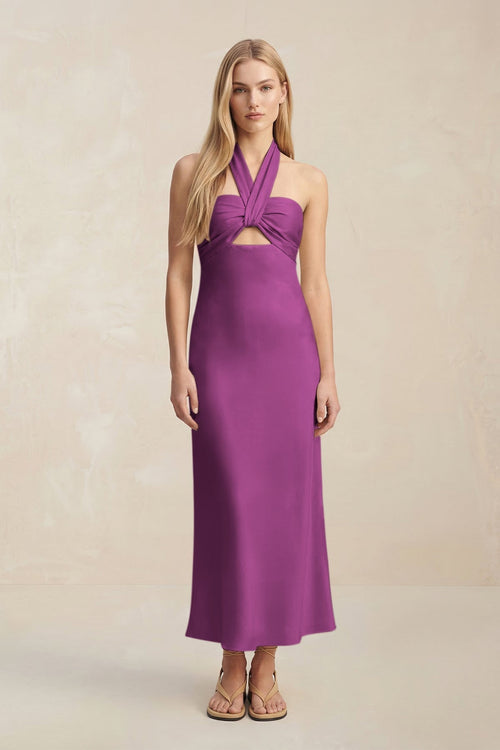 Halter Keyhole Sheath Midi Bridesmaid Dress in Fig - KissProm Bridesmaid Dresses