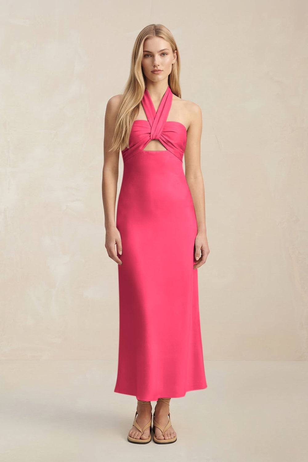 Halter Keyhole Sheath Midi Bridesmaid Dress in Fuchsia - KissProm Bridesmaid Dresses