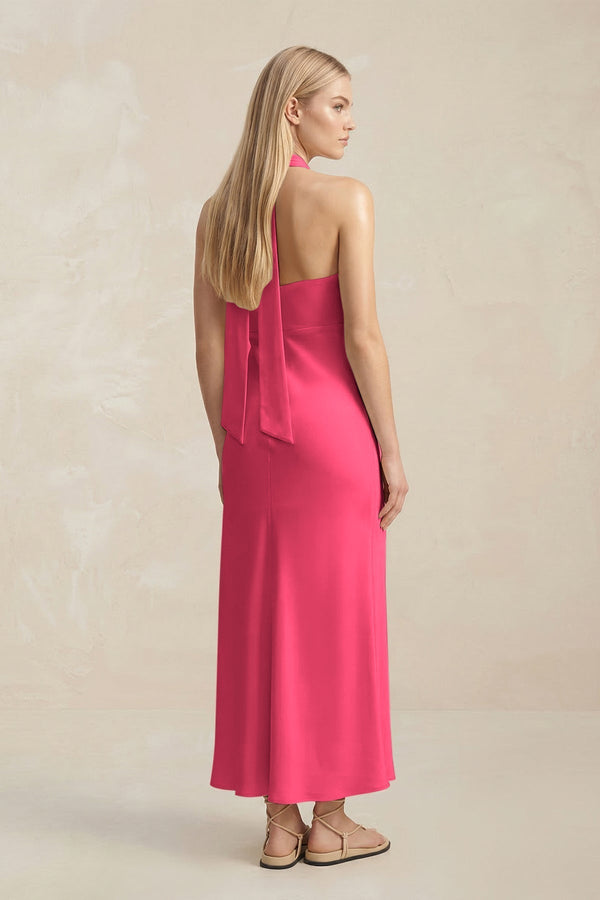 Halter Keyhole Sheath Midi Bridesmaid Dress in Fuchsia - KissProm Bridesmaid Dresses