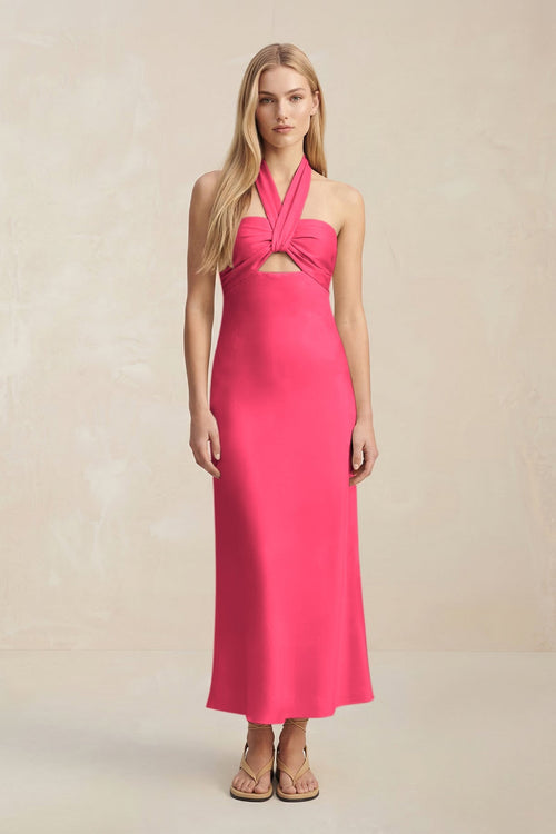Halter Keyhole Sheath Midi Bridesmaid Dress in Fuchsia - KissProm Bridesmaid Dresses