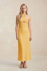 Halter Keyhole Sheath Midi Bridesmaid Dress in Gold - KissProm Bridesmaid Dresses