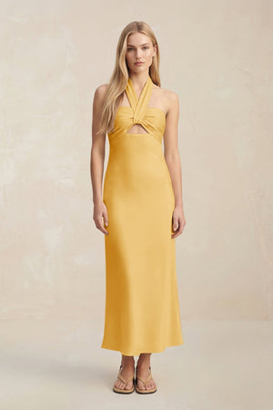 Halter Keyhole Sheath Midi Bridesmaid Dress in Gold - KissProm Bridesmaid Dresses