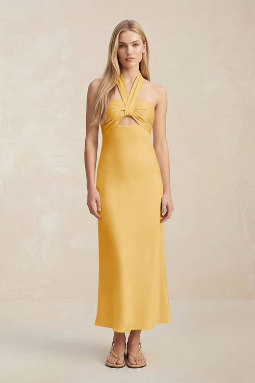 Halter Keyhole Sheath Midi Bridesmaid Dress in Gold - KissProm Bridesmaid Dresses