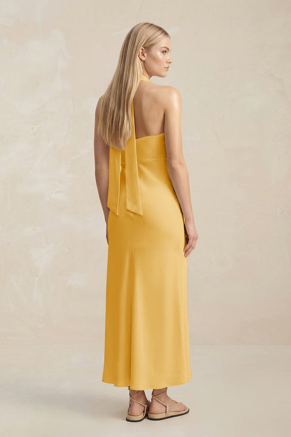 Halter Keyhole Sheath Midi Bridesmaid Dress in Gold - KissProm Bridesmaid Dresses