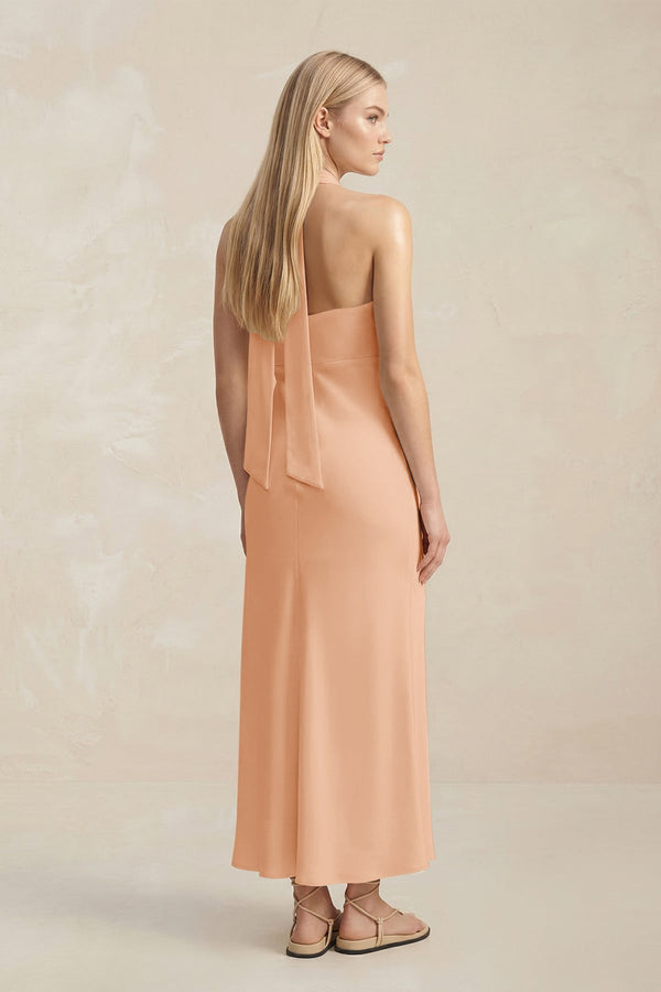 Halter Keyhole Sheath Midi Bridesmaid Dress in Golden Champagne - KissProm Bridesmaid Dresses