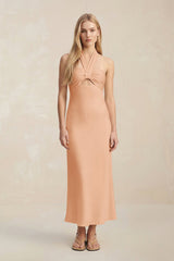 Halter Keyhole Sheath Midi Bridesmaid Dress in Golden Champagne - KissProm Bridesmaid Dresses