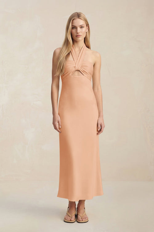 Halter Keyhole Sheath Midi Bridesmaid Dress in Golden Champagne - KissProm Bridesmaid Dresses