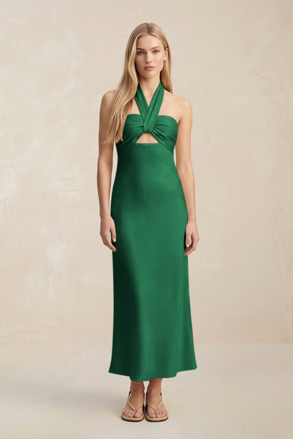 Halter Keyhole Sheath Midi Bridesmaid Dress in Green - KissProm Bridesmaid Dresses