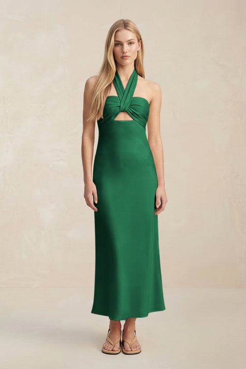 Halter Keyhole Sheath Midi Bridesmaid Dress in Green - KissProm Bridesmaid Dresses
